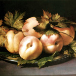 Ambrogio Figino. Piatto con pesche, olio su tavola, cm. 21 x 30. Collezione privata