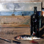 Filippo de Pisis. Pesce, bottiglia di vino e coltello su tavolo, olio su tela, cm. 53 x 63. Collezione privata