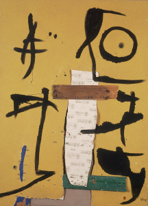 Personaggio e uccello, 1976, olio su carta vetrata, legno e chiodi, cm. 175,5 x 125,5.  Fundació Pilar iJoan Miró a Malorca  © Sucesione Miró by SIAE 2014 Foto: © Joan Ramon Bonet & David Bonet