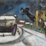 Chagall – Over Vicebsk – Pencil, India ink, gouache, watercolor, graphite, and crayon on cardboard,